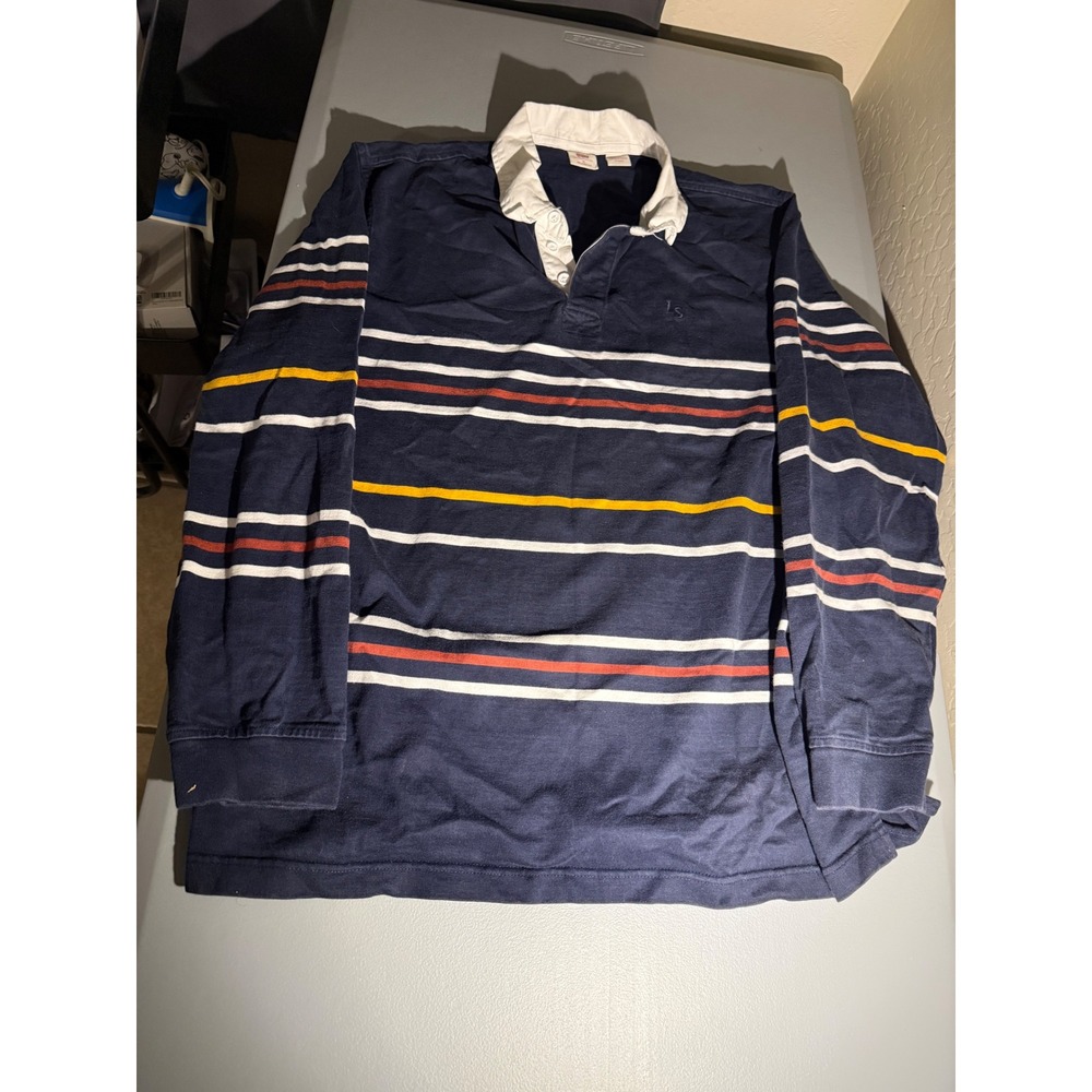 Levis Mens XL Relaxed Fit Rugby Shirt Navy Blue Striped Long Sleeve A4845-0033